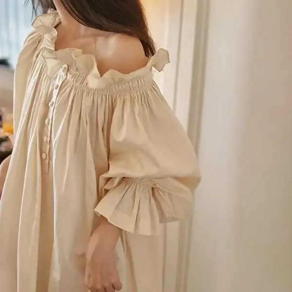 Scd6dbbf346c34e5487455102b8cb3c6a4.webp Vintage Off-Shoulder Cotton Nightgown – Apricot Long Sleeve Sleep Dress