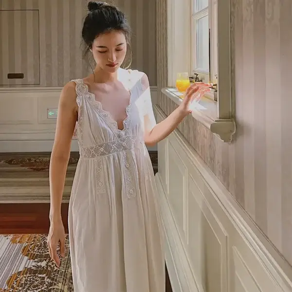 Vintage French Cotton Embroidered Nightgown, Victorian White Sleeveless V-Neck Sleep Dress