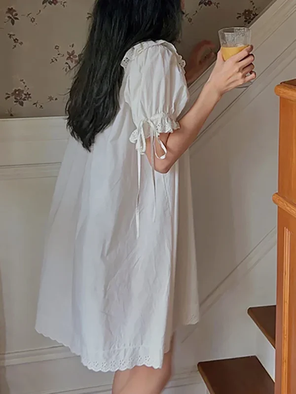Sd1925e9fe05e4c85825d219b6e9dc16fC.webp Vintage Cotton Lace Nightgown – White Short Sleeve Sleep Dress
