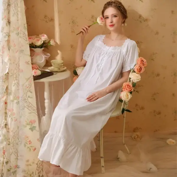 Sd97bc8c06fbe456aba8d02d821df2011W.webp French Vintage Cotton Ruffle Nightgown – Square Neck Short Sleeve Sleep Dress