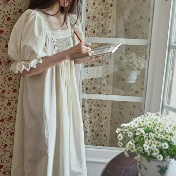 Vintage Victorian Cotton Pintuck Nightgown – Ivory Square Neck Short Sleeve Sleep Dress