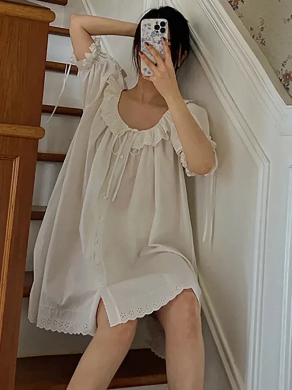 Sde4aa4941f2c46ba9ef4f1e6056e284dR.webp Vintage Cotton Lace Nightgown – White Short Sleeve Sleep Dress