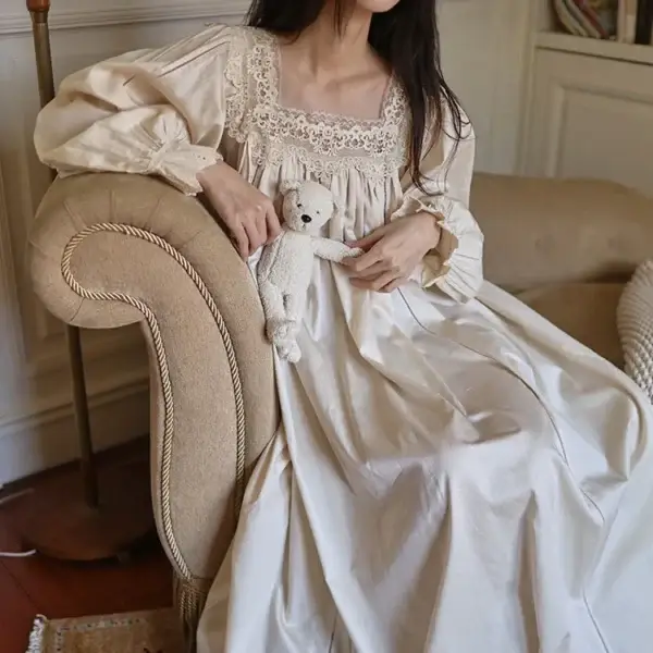 Vintage Victorian Cotton Lace Nightgown – Cream Square Neck Long Sleeve Sleepwear