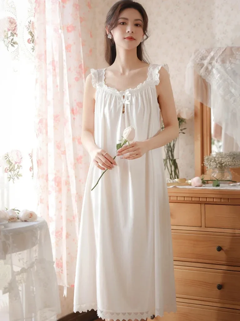 Victorian Cotton Lace Nightgown – White Sleeveless Square Neck Sleep Dress