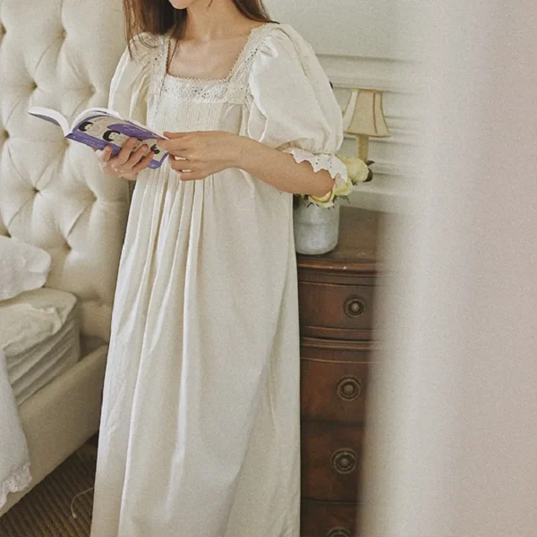 Vintage Victorian Cotton Pintuck Nightgown – Ivory Square Neck Short Sleeve Sleep Dress