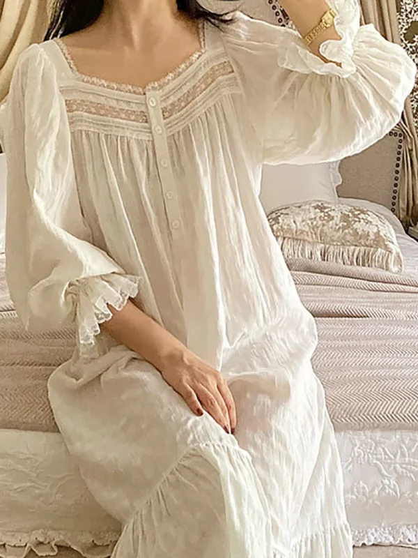 Vintage Victorian Cotton Lace Nightgown – White Square Neck Long Sleeve Sleep Dress