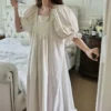 Vintage Victorian Cotton Pintuck Nightgown – Ivory Square Neck Short Sleeve Sleep Dress