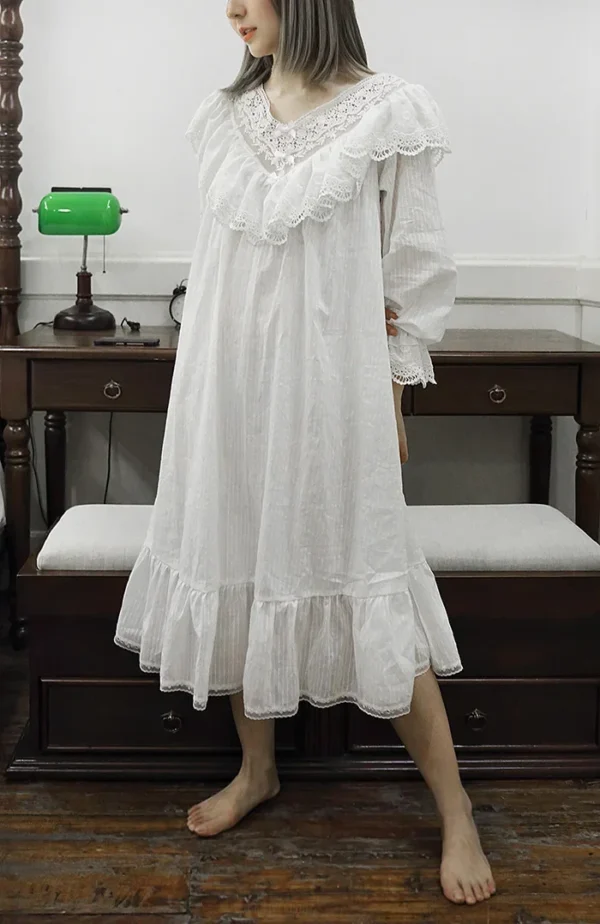 Victorian Lace Ruffle Nightgown – White Cotton V-Neck Long Sleeve Sleep Dress
