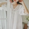 Sefc4cbbd41bb42cf80607a0e6c3eb507f.webp Vintage Victorian Cotton Lace Nightgown – White V-Neck Short Sleeve Sleep Dress
