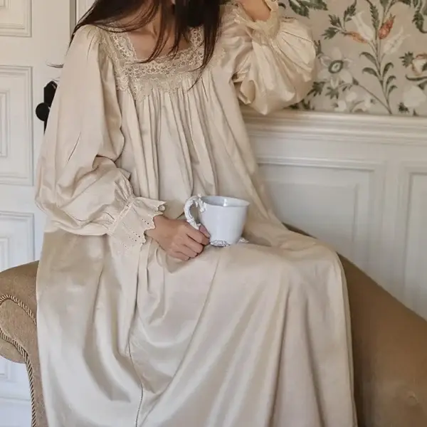 Vintage Victorian Cotton Lace Nightgown – Cream Square Neck Long Sleeve Sleepwear