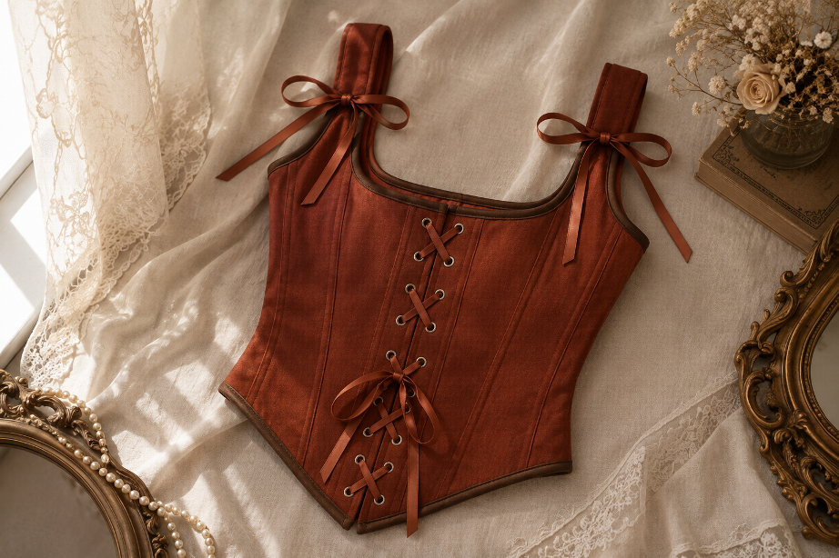 Brown lace-up corset top with bow shoulder straps displayed on cream linen in a vintage-inspired setting.