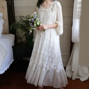 Vintage Victorian Lace Cotton Nightgown – Edwardian Long Sleeve Sleep Dress