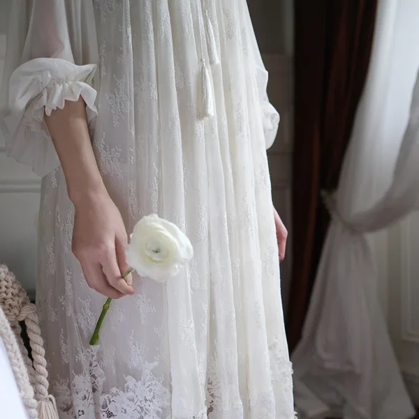 Vintage Victorian Lace Cotton Nightgown – Edwardian Long Sleeve Sleep Dress