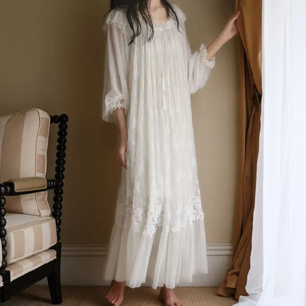 Vintage Victorian Lace Cotton Nightgown – Edwardian Long Sleeve Sleep Dress