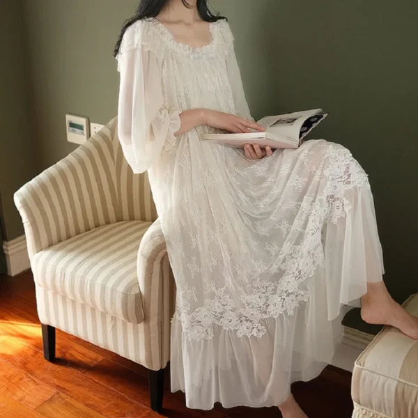Vintage Victorian Lace Cotton Nightgown – Edwardian Long Sleeve Sleep Dress