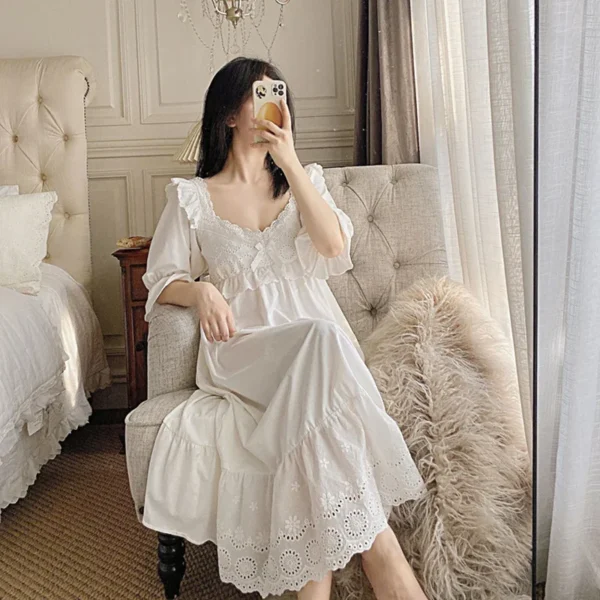 Vintage Victorian Cotton Lace Nightgown – White Long Sleeve Edwardian Sleepwear