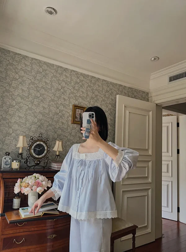 Vintage Cotton Lace Pajama Set – Square Neck Long Sleeve Sleepwear