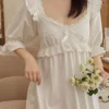 Vintage Victorian Cotton Lace Nightgown – White Long Sleeve Edwardian Sleepwear