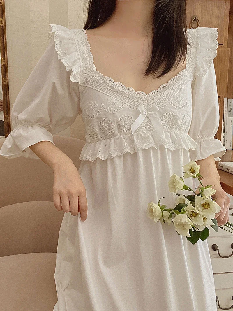 S09d8ce64500c45cb8f0d56e2d1ee1b0dK.webp Vintage Victorian Cotton Lace Nightgown – White Long Sleeve Edwardian Sleepwear