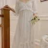 Vintage Victorian Cotton Lace Nightgown – White Long Sleeve Edwardian Sleepwear
