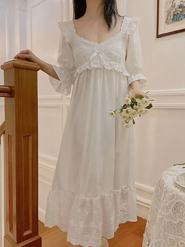 Vintage Victorian Cotton Lace Nightgown – White Long Sleeve Edwardian Sleepwear