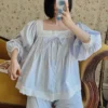 Vintage Cotton Lace Pajama Set – Square Neck Long Sleeve Sleepwear