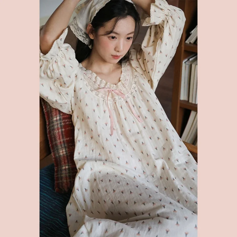 Cream floral cotton nightgown shown at full ankle length