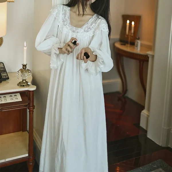Ivory Jacquard Cotton Nightgown – Full Length Flowing ivory jacquard cotton nightgown with gathered sleeves