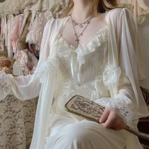 S126d4259d44c4bb0aa8aef37b12ce8f86.webp Vintage Lace Tulle Robe Set – Elegant Long Sleeve Nightdress & Sleepwear