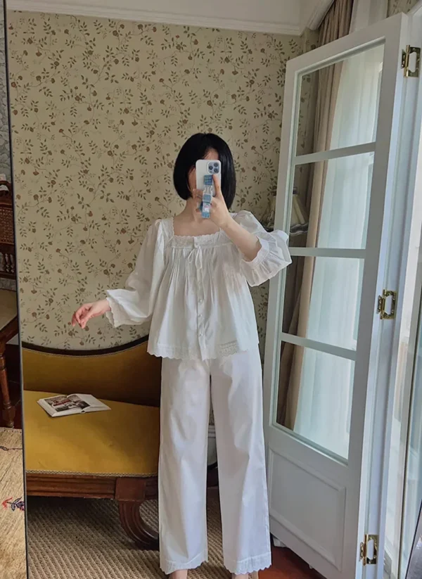 Vintage Cotton Lace Pajama Set – Square Neck Long Sleeve Sleepwear