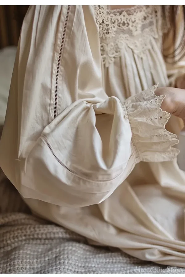 Vintage Cotton Lace Nightgown – Handmade Long Sleeve Victorian Sleepwear
