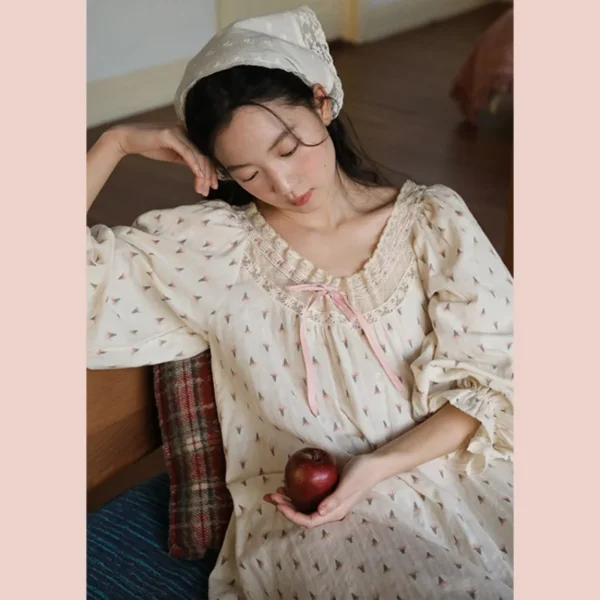 Cream floral cotton nightgown shown at full ankle length