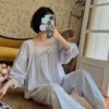 Vintage Cotton Lace Pajama Set – Square Neck Long Sleeve Sleepwear
