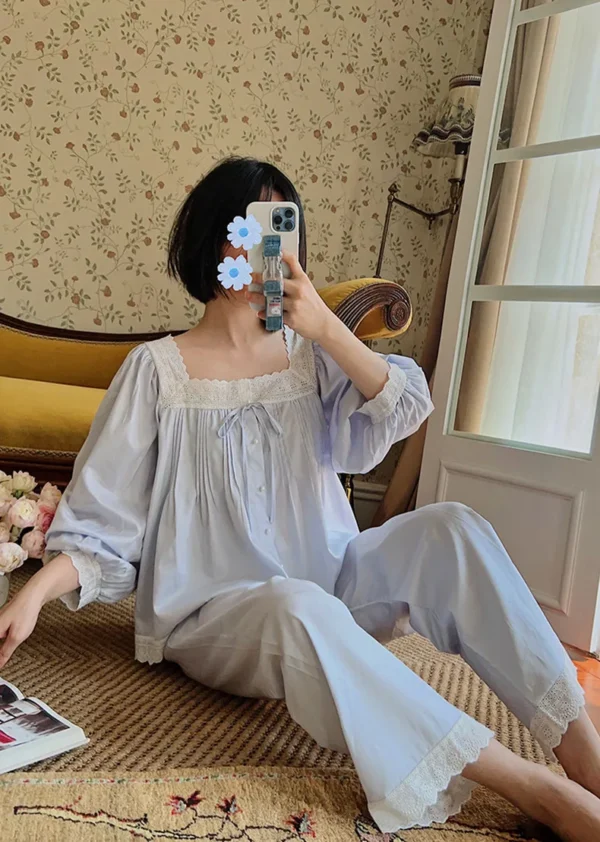 Vintage Cotton Lace Pajama Set – Square Neck Long Sleeve Sleepwear