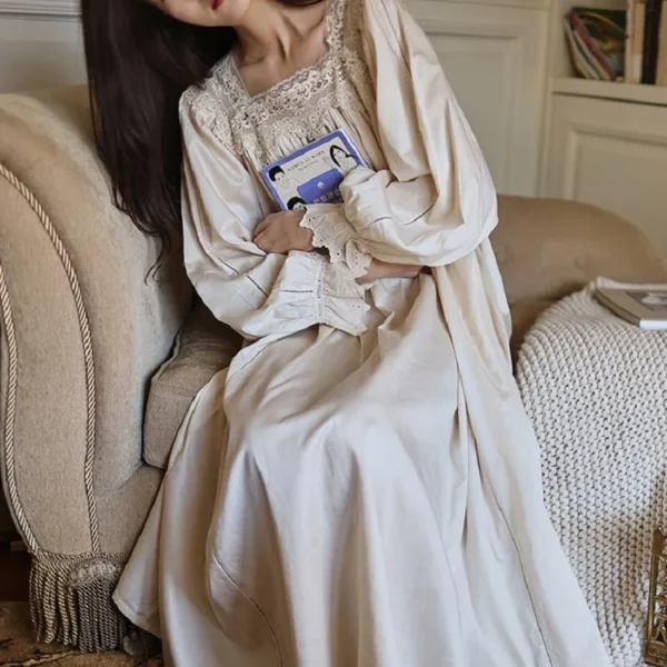 Vintage Cotton Lace Nightgown – Handmade Long Sleeve Victorian Sleepwear