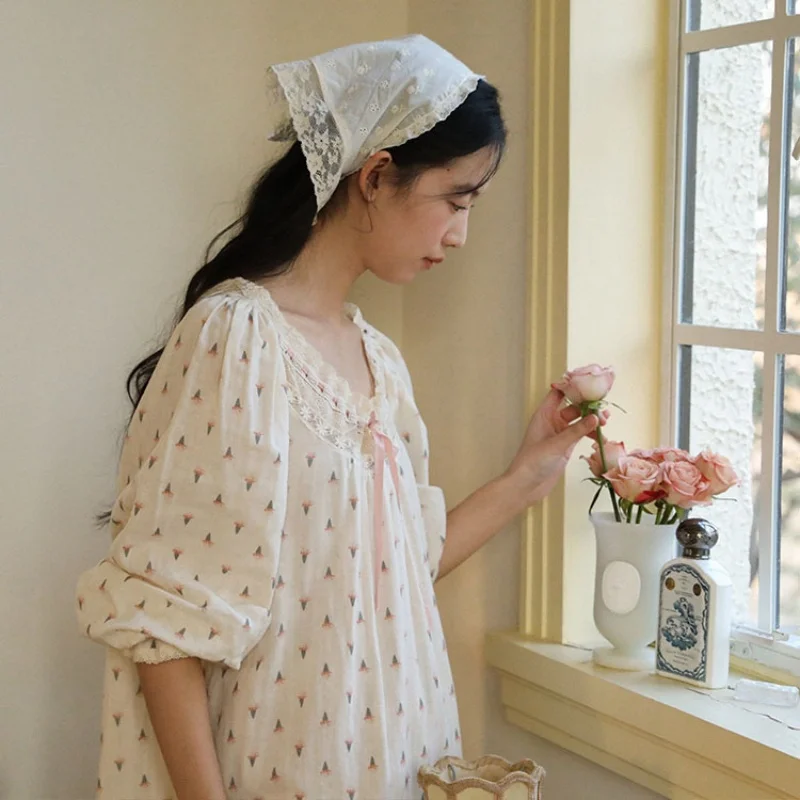 Cream floral cotton nightgown lace neckline and ribbon detail