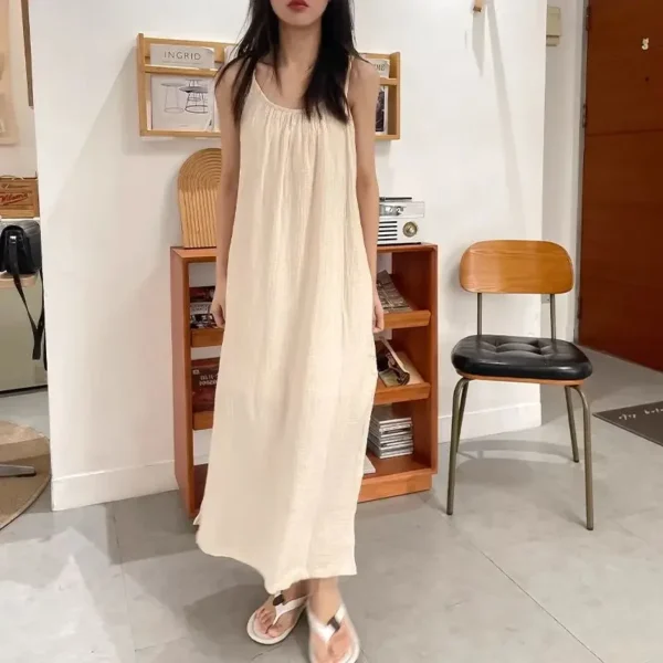 S35f1ee2b6b344254a8725283cad8d2efd.webp Vintage Cotton Muslin Summer Dress – Sleeveless Relaxed Mid-Calf Dress