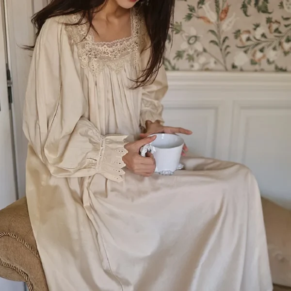 Vintage Cotton Lace Nightgown – Handmade Long Sleeve Victorian Sleepwear