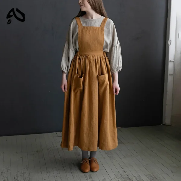 Vintage Cotton Linen Pinafore Dress – Square Neck Midi Dress with Pockets
