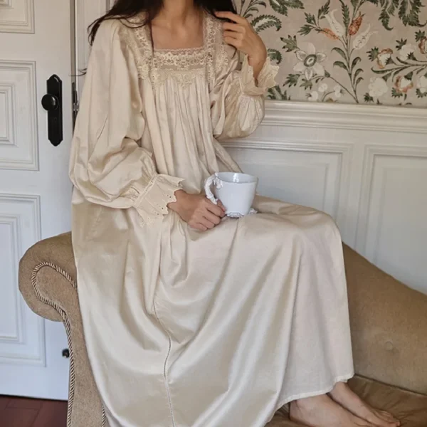Vintage Cotton Lace Nightgown – Handmade Long Sleeve Victorian Sleepwear