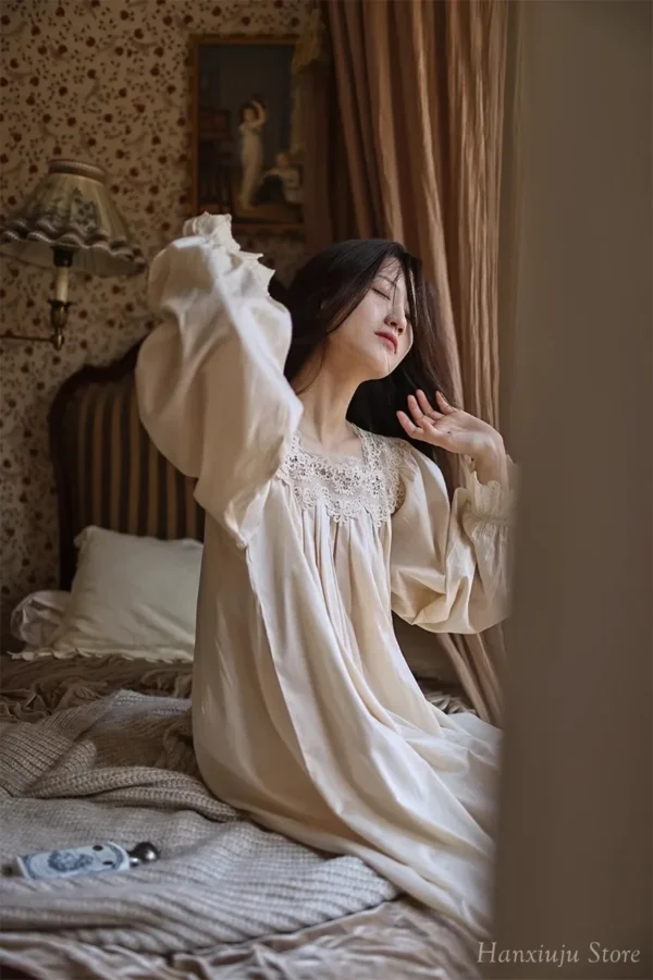 Vintage Cotton Lace Nightgown – Handmade Long Sleeve Victorian Sleepwear