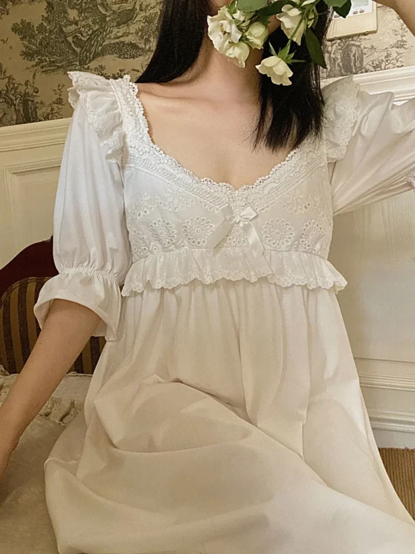Vintage Victorian Cotton Lace Nightgown – White Long Sleeve Edwardian Sleepwear