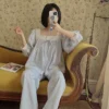 Vintage Cotton Lace Pajama Set – Square Neck Long Sleeve Sleepwear