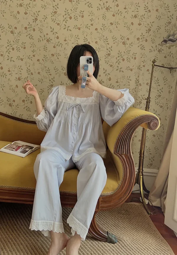 Vintage Cotton Lace Pajama Set – Square Neck Long Sleeve Sleepwear