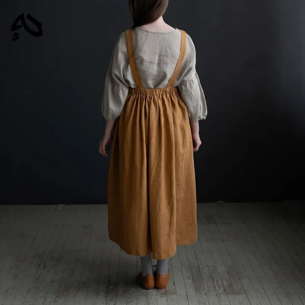 Vintage Cotton Linen Pinafore Dress – Square Neck Midi Dress with Pockets