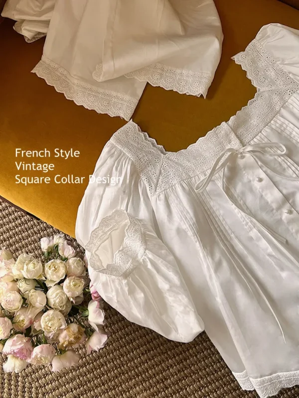 Vintage Cotton Lace Pajama Set – Square Neck Long Sleeve Sleepwear
