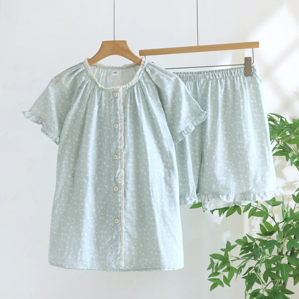 Blue vintage floral cotton pajama set with short sleeves and shorts