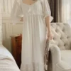 Vintage Victorian Cotton Lace Nightgown – White Long Sleeve Edwardian Sleepwear