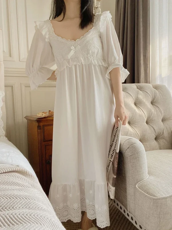 Vintage Victorian Cotton Lace Nightgown – White Long Sleeve Edwardian Sleepwear