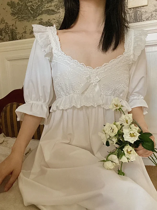 Vintage Victorian Cotton Lace Nightgown – White Long Sleeve Edwardian Sleepwear